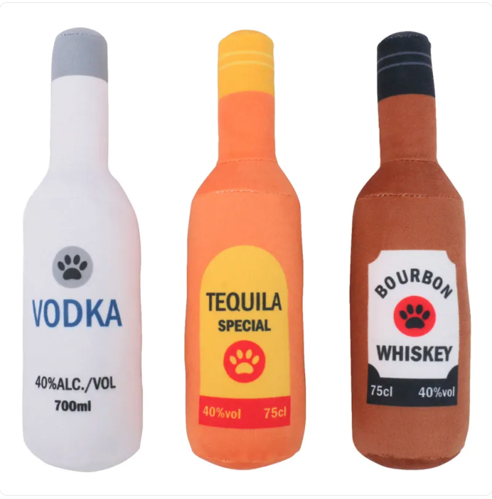 Happy Hour Bottle Dog Chew Toy — Vodka, Tequila & Whiskey Designs